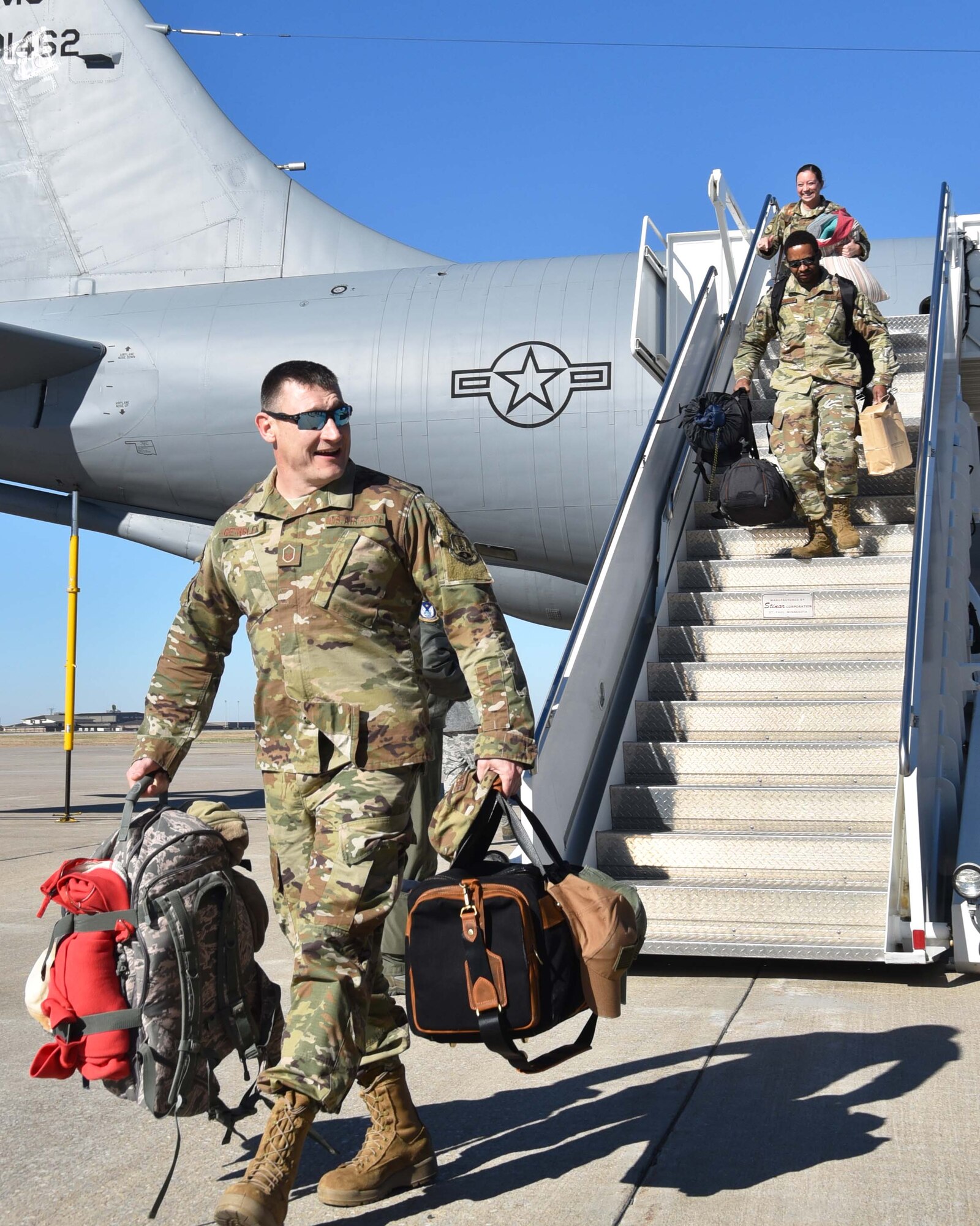 Members of the 931st Air Refueling Wing step off a KC-135 Stratotanker after returning from a recent deployment Nov. 15, 2018, McConnell Air Force Base, Kan. More than 35 members of the 931 ARW returned from a deployment to Turkey.