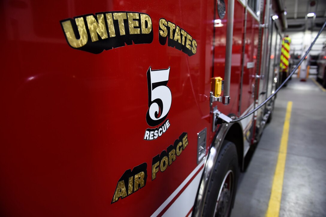 A fire engine waits inside the 92nd Civil Engineer Squadron Fire Department garage at Fairchild Air Force Base, Washington, Nov. 8, 2018. Fairchild’s Fire Department was part of the first-response team to a respiratory distress call at the Fairchild commissary, providing first aid and helping to save a life. (U.S. Air Force photo/Airman 1st Class Lawrence Sena)
