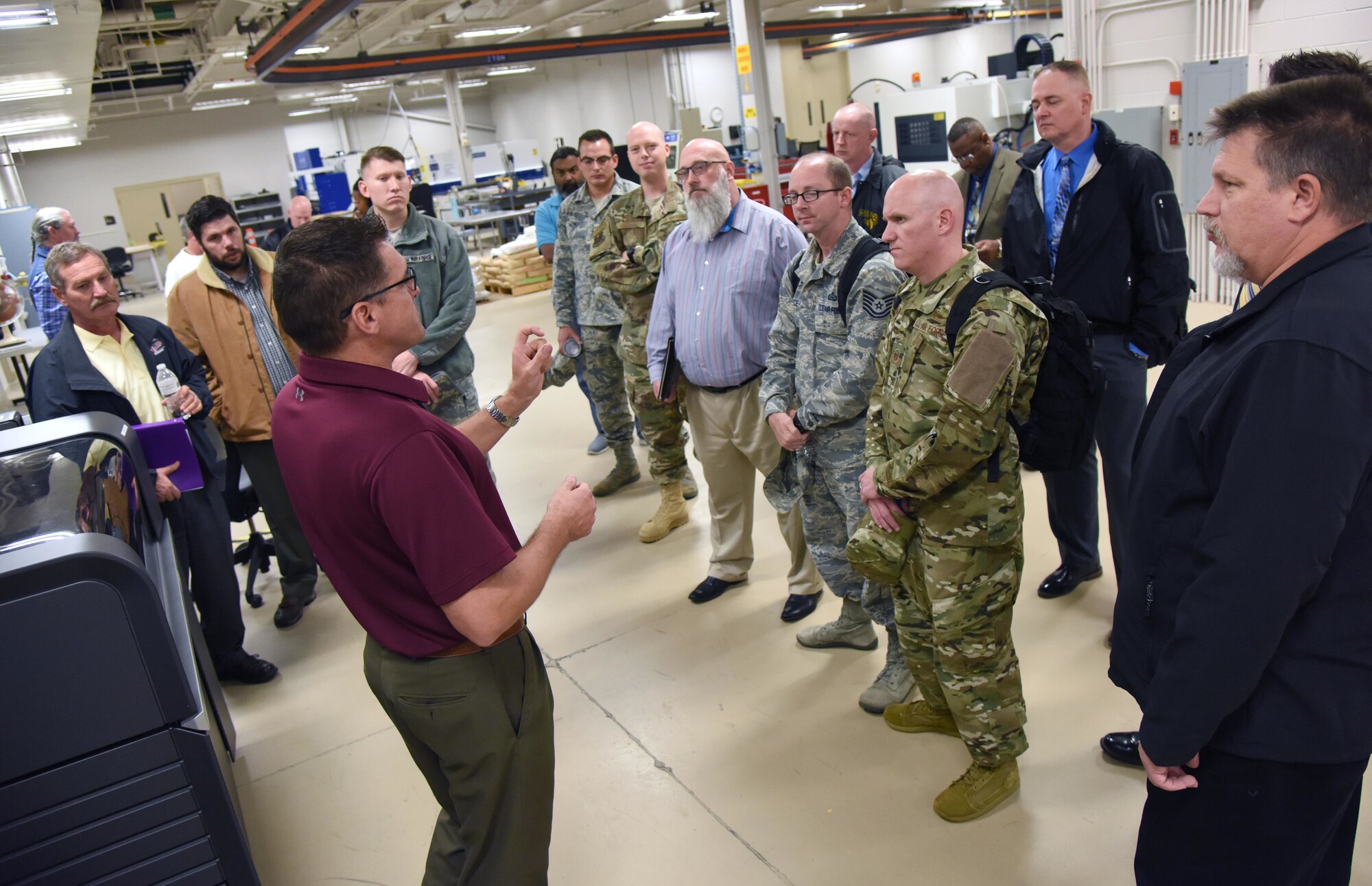 Tomme Lassabe, 81st Training Support Squadron training technology flight chief, briefs on the Trainer Development Center capabilities at Keesler Air Force Base, Mississippi, Nov. 13, 2018. Personnel from Goodfellow AFB, Texas, and Vandenberg AFB, California, visited squadrons within the 81st Training Group to review methodologies currently being used in the 81st TRG course curriculum. (U.S. Air Force photo by Kemberly Groue)