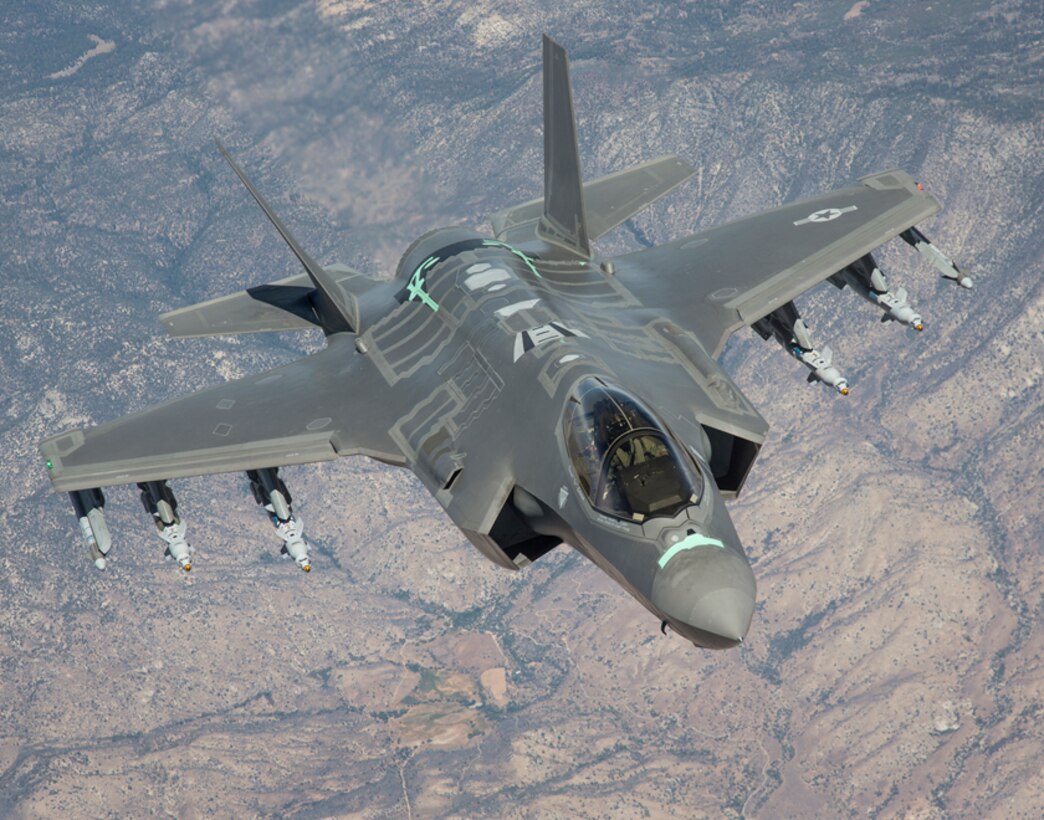 An F-35 Lightning II from the 461st Flight Test Squadron at Edwards Air Force Base, California, soars over the Mojave Desert on a test sortie. (Courtesy photo by Chad Bellay/Lockheed Martin)