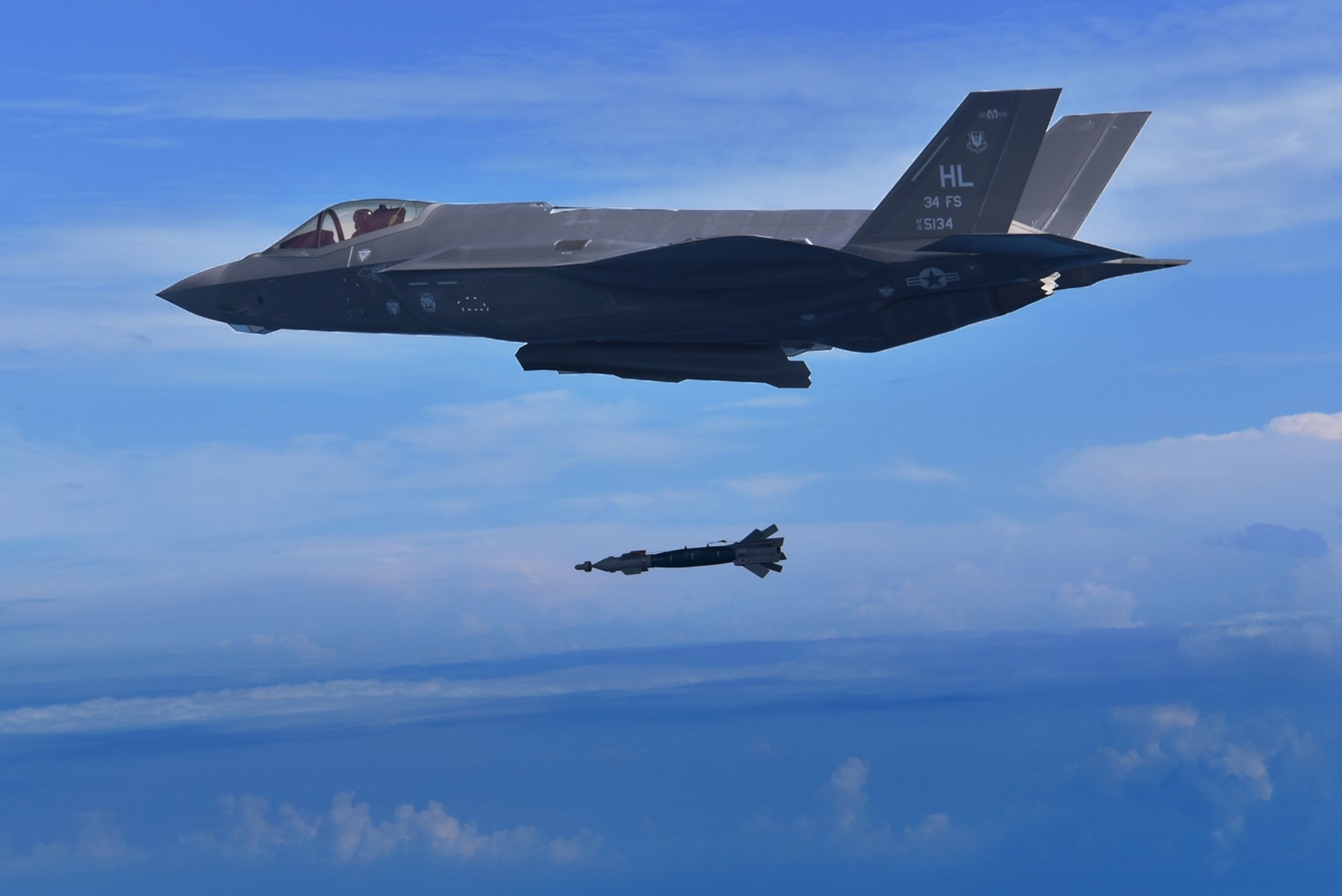 A pilot assigned to the 388th Fighter Wing's 34th Fighter Squadron drops a GBU-49 bomb from an F-35A Lightning II Nov. 7. 2018. The 34th FS is the first unit to employ the GBU-49 in combat training. The squadron recently completed a Combat Hammer weapons evaluation exercise at Eglin Air Force Base, Florida. Pilots say the GBU-49 is effective and accurate and will make the F-35A even more lethal. (Courtesy Photo by 86th Fighter Weapons Squadron)