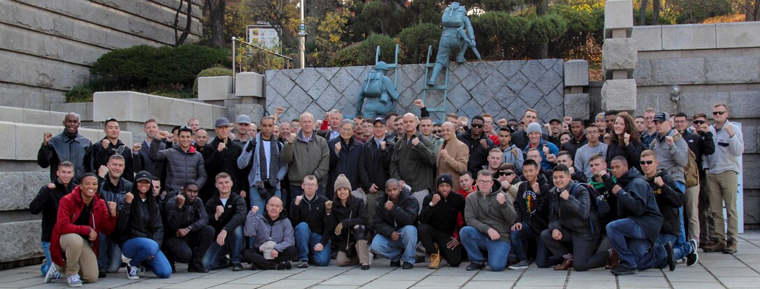 INCHEON, Republic of Korea – U.S. Marine Corps Forces Korea and a detachment from Communications Squadron 18 visit the memorial of the Inchon Amphibious Landing Memorial Museum in Incheon during a historical tour for the U.S. 1st Marine Division’s Inchon landing here, Nov. 14. Marine veteran Ned Forney led the tour and is a historian as well as the son of Col. Edward Forney, the  who helped plan the landing on Sept. 15, 1950.