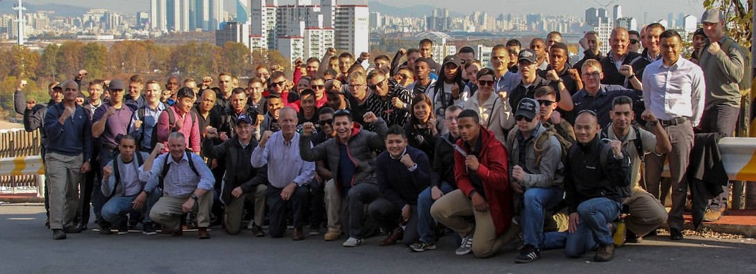 SEOUL, Republic of Korea – U.S. Marine Corps Forces Korea and a detachment from Communications Squadron 18 visit “Hill 85” as part of a historical tour for the Battle of Seoul here, Nov. 14. “Hill 85” was a key objective for the 1st Marines during the battle where the terrain dominated the city to include the airport in September, 1950. (Official U.S. Marine Corps photos by Sgt. Nathaniel Hanscom/Released)