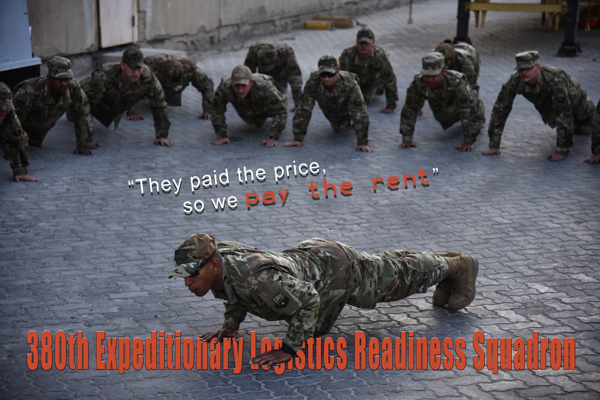 U.S. Air Force Master Sgt. Jason Napoleoni, 380th Expeditionary Logistics Readiness Squadron ground transportation superintendent, and 380 ELRS Airmen execute 4-count push-ups during a tribute to the fallen ground transportation Airmen at Al Dhafra Air Base, United Arab Emirates, Nov. 8, 2018. The 380th ELRS takes the time every Thursday to make sure that the lives and legacies of the fallen Airmen continue to prevail. (U.S. Air Force graphic by Senior Airman Mya M. Crosby)