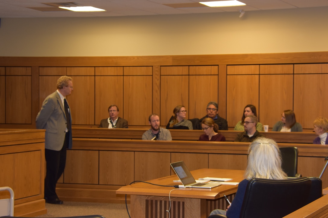 Buffalo District employees participated in an event at University at Buffalo for Geography Awareness Week, focusing on ways students think the Cattaraugus Creek Watershed can be improved, November 13, 2018.  This photo shows the stakeholders sitting in the jury area of the court room and responding to a presentation the students just completed.