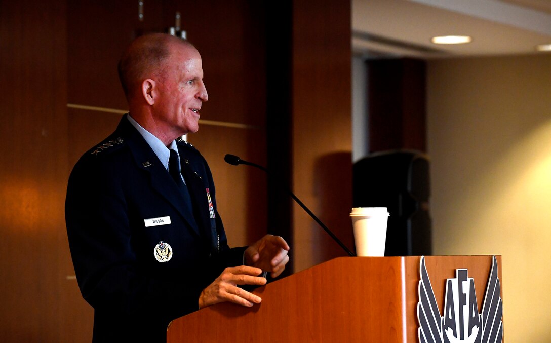 Air Force Vice Chief of Staff Gen. Stephen W. Wilson deliversed remarks during an Air Force Association Breakfast in Arlington, Va., Nov. 14, 2018. In his remarks, Wilson highlighted the importance of taking a whole-of-nation approach to expanding the competitive space. (U.S. Air Force photo by Staff Sgt. Rusty Frank)