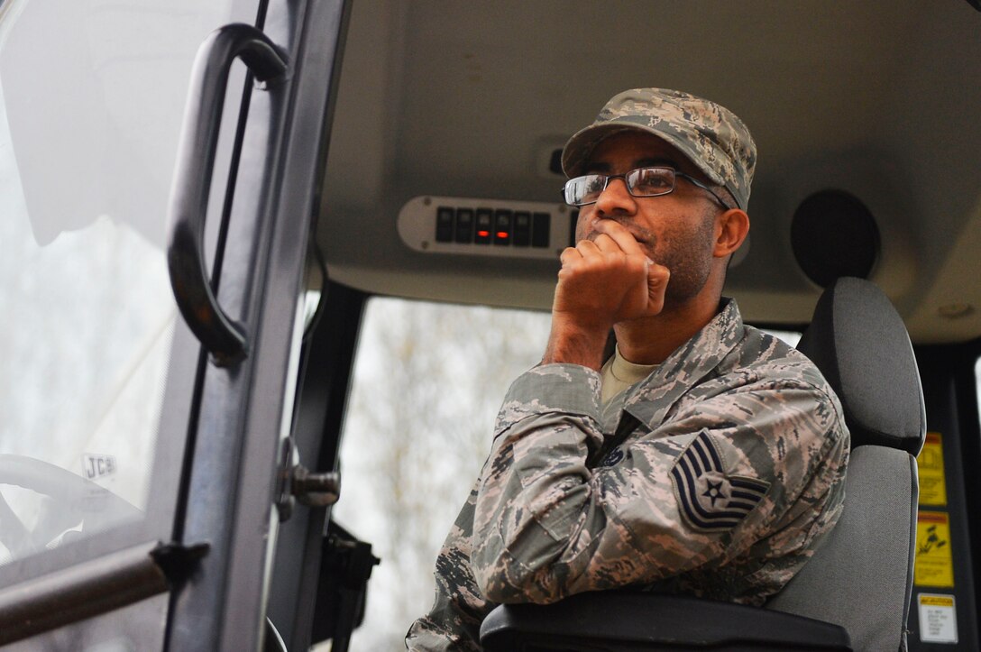 U.S. Air Force Tech. Sgt. Valdir Freitas, 786th Civil Engineer Squadron Non-commissioned officer in charge of electrical systems, waits for instructions during a training event on Ramstein Air Base, Germany, Nov. 15, 2018. With the help of instructors from the 435th Construction and Training Squadron, 786th CES Airmen conducted a training exercise based on Prime Base Engineer Emergency Force operations, or Prime BEEF. (U.S. Air Force photo by Senior Airman Joshua Magbanua)