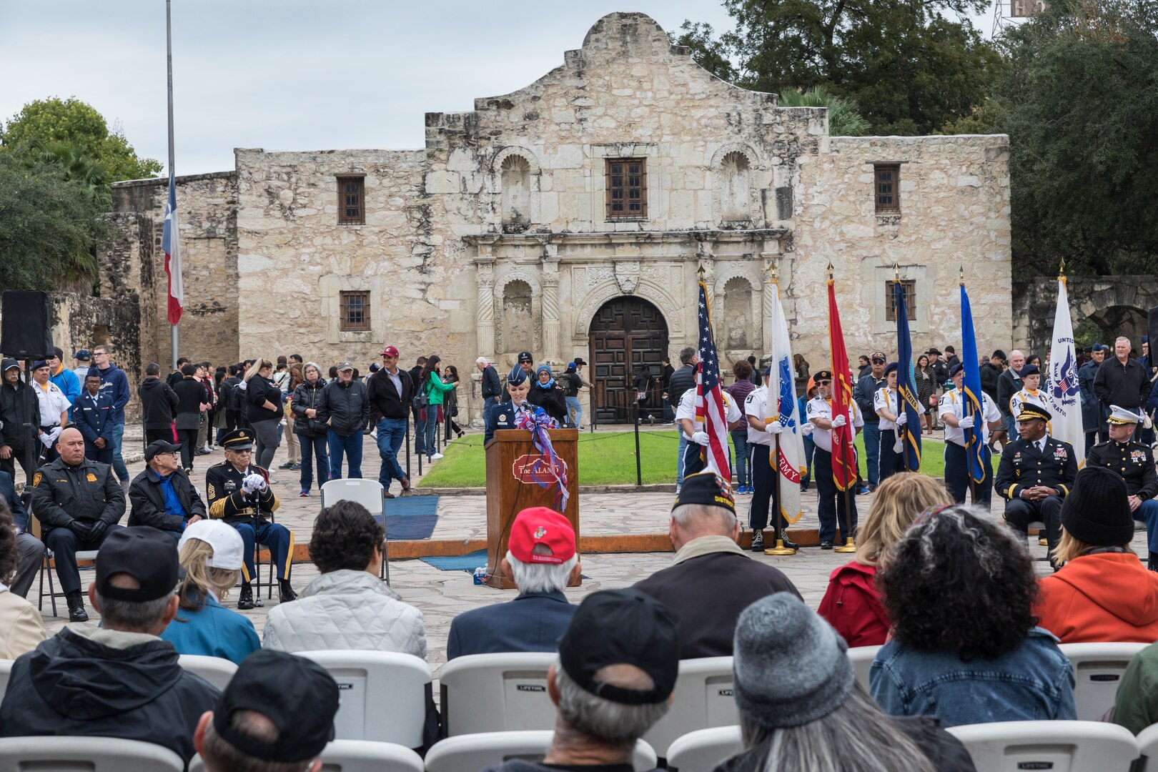 U.S. Air Force Brig. Gen. Laura L. Lenderman, 502d Air Base Wing and Joint Base San Antonio commander, addresses the crowd during a wreath presentation ceremony at The Alamo in San Antonio Nov. 10. The ceremony was part of the Veterans Day parade held to honor veterans and current active duty Soldiers, Airmen, Sailors, Coast Guardsmen and Marines.