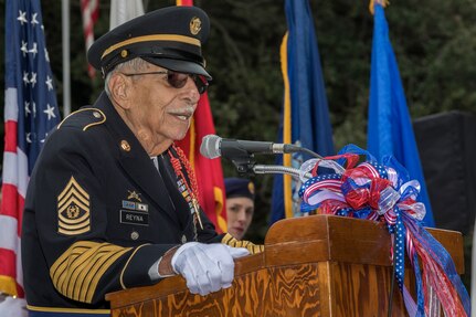 Retired U.S. Army Command Sgt. Maj. Andrew Reyna addresses the crowd during a wreath presentation ceremony at The Alamo in San Antonio Nov. 10. The ceremony was part of the Veterans Day parade held to honor veterans and current active duty Soldiers, Airmen, Sailors, Coast Guardsmen and Marines.