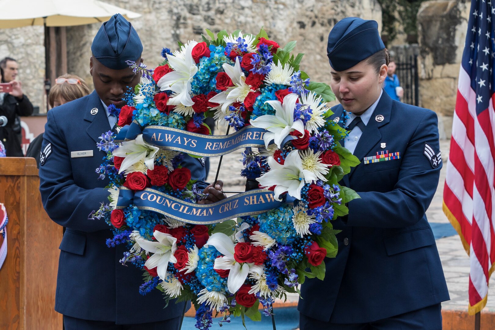 Airmen from Joint Base San Antonio-Lackland post the ceremonial wreath during a presentation ceremony at The Alamo in San Antonio Nov 10. The ceremony was part of the Veterans Day parade held to honor veterans and current active duty Soldiers, Airmen, Sailors, Coast Guardsmen and Marines.