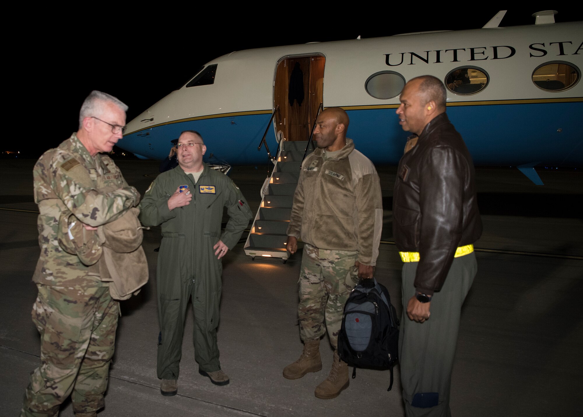 (From left to right) Gen. Paul Selva, vice chairman of the Joint Chiefs of Staff; Col. Michael Boger, 54th Fighter Group commander; Brig. Gen. Sean Gainey, deputy director for Force Protection, J-8, Joint Staff and Col. Brian Patterson, 49th Wing vice commander, speak after Selva’s arrival to Holloman Air Force Base, N.M., November 13, 2018. Selva visited Holloman and White Sands Missile Range November 13 to 14. (U.S. Air Force photo by Staff Sgt. BreeAnn Sachs).