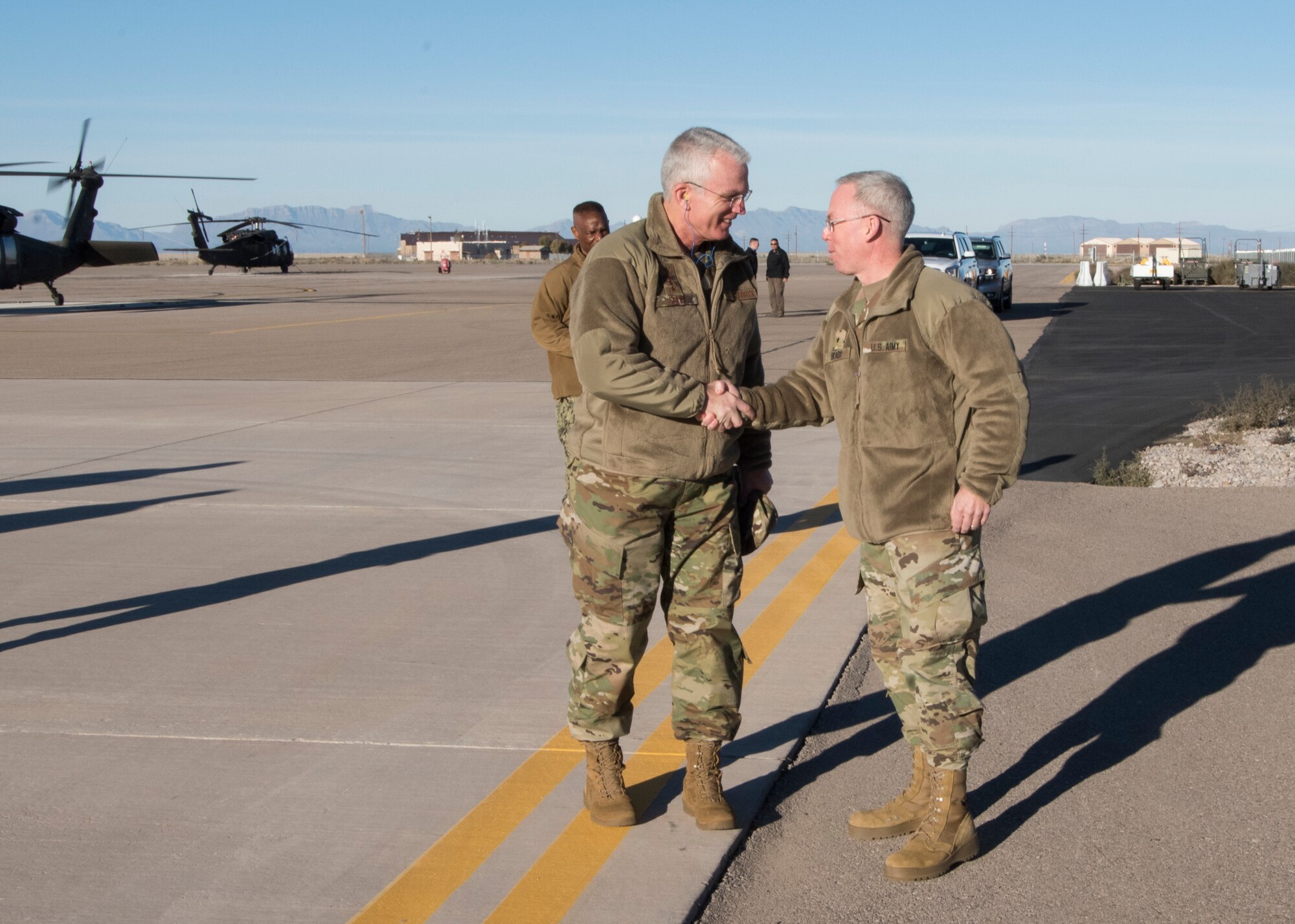 Brig. Gen. Greg Brady, White Sands Missile Range commander, greets Gen. Paul Selva, vice chairman of the Joint Chiefs of Staff, on Holloman Air Force Base, N.M., November 14, 2018. Selva visited Holloman November 13 to 14, and received a helicopter tour of White Sands Missile Range, N.M. (U.S. Air Force photo by Staff Sgt. BreeAnn Sachs).