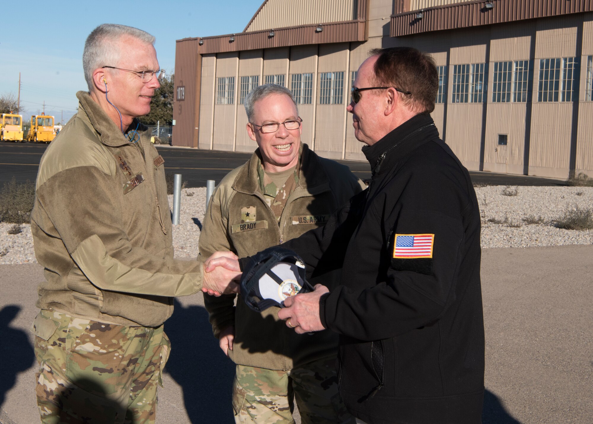 Vayl Oxford, Defense Threat Reduction Agency director and Brig. Gen. Greg Brady, White Sands Missile Range commander greet Gen. Paul Selva, vice chairman of the Joint Chiefs of Staff, November 14, 2018, on Holloman Air Force Base, N.M. Selva visited Holloman November 13 to 14, and received a helicopter tour of White Sands Missile Range, N.M. (U.S. Air Force photo by Staff Sgt. BreeAnn Sachs).