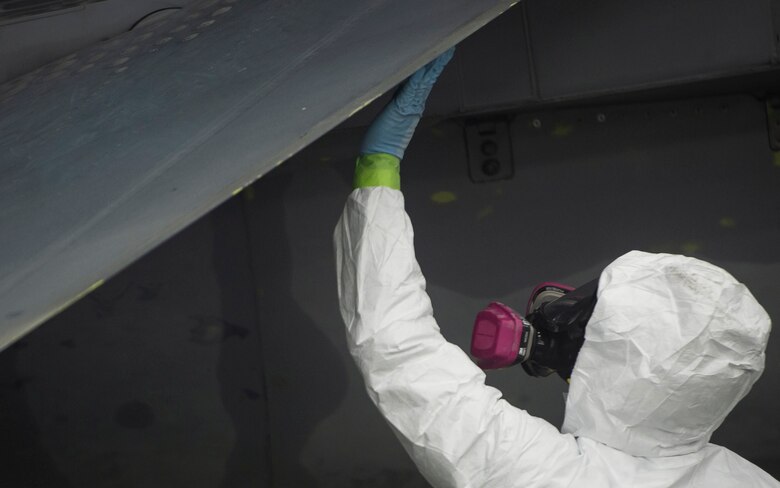 An Airman assigned to the 20th Equipment Maintenance Squadron corrosion control paint barn