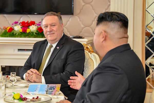 Secretary of State Michael R. Pompeo and Chairman Kim Jong Un of the Democratic People's Republic of Korea attend a working lunch in Pyongyang, Democratic People's Republic of Korea on October 7, 2018.