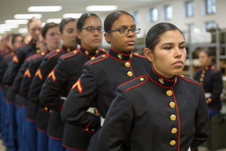 Marines with November Company, 4th Recruit Training Battalion wait in line Nov. 9, 2018 to have their uniforms examined by base fitters at Marine Corps Recruit Depot Parris Island, S.C. (Official Marine Corps Photo by Staff Sgt. Tyler Hlavac)