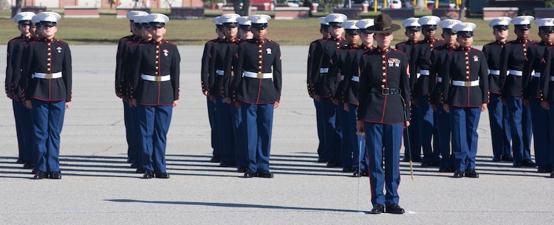 Marines with  November Company, 4th Recruit Training Battalion graduated recruit training on Marine Corps Recruit Depot Parris Island Nov. 16, 2018 in the new female Blue Dress Coat. November Company became the first company at MCRD PI to graduate in the new coat.  (Official U.S. Marine Corps Photo by Lance Cpl. Yamil Casarreal)
