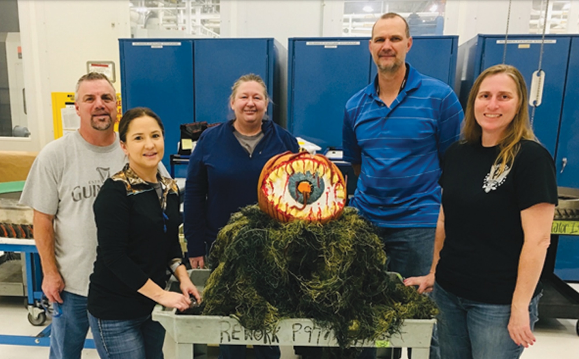 The 76th Propulsion Maintenance Group Rubber Team with their winning pumpkin, Ghillie’s Eye. From left, Danny Fisher, Misha Hennigh, Deedee Yeary, Mark Willcutt and Erica Ross.