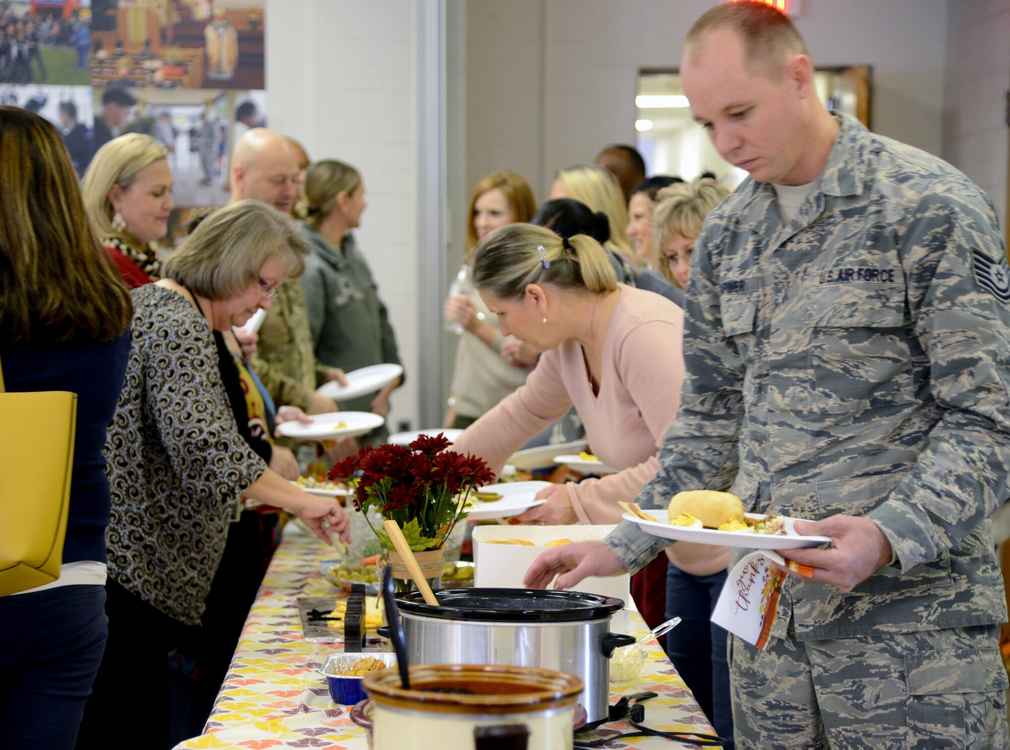 Members of the 72nd Air Base Wing gathered together at the Tinker Chapel for a Thanksgiving potluck feast Nov. 13. 72nd Air Base Wing Commander Col. Kenyon Bell thanked everyone for their hard work and dedication to the mission during the year and reminded them to look out for one another and be good Wingmen during this holiday season.