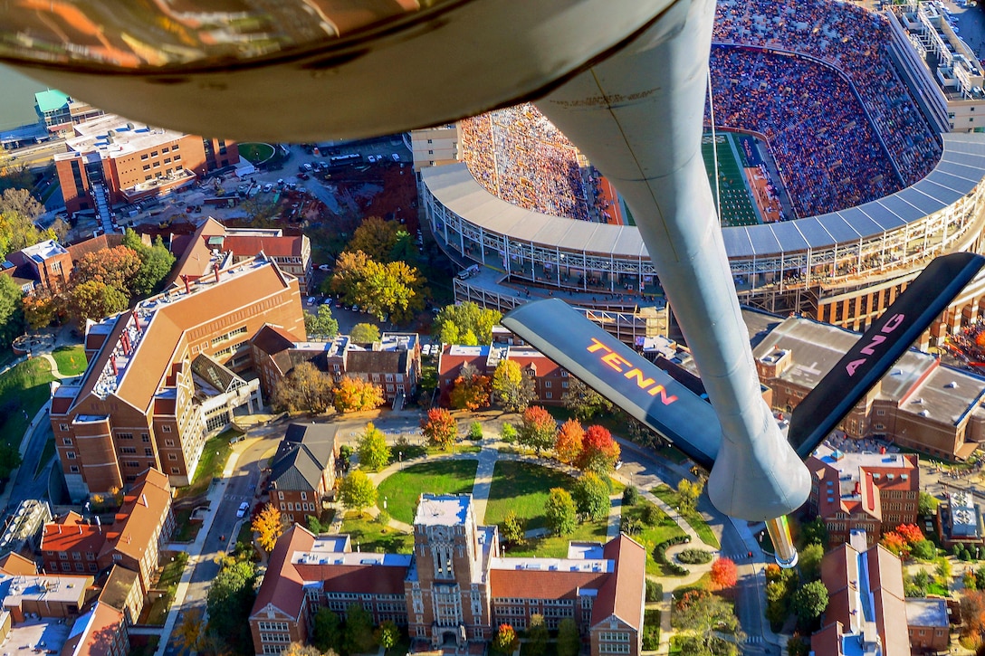 An Air Force KC-135R Stratotanker flies over Neyland Stadium.