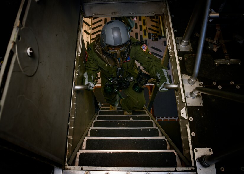 Capt. Richard Brockington, 15th Airlift Squadron pilot, walks up the stairs of a C-17 Globemaster III during a readiness exercise Nov. 16, 2018, at Joint Base Charleston, S.C. To keep the training as realistic as possible, participants from across JB Charleston received the equipment, weapons and specialty uniform items they would use in real-world situations. The simulated scenarios enabled senior base leaders and subject matter experts to ensure the readiness of JB Charleston’s quick response capabilities.