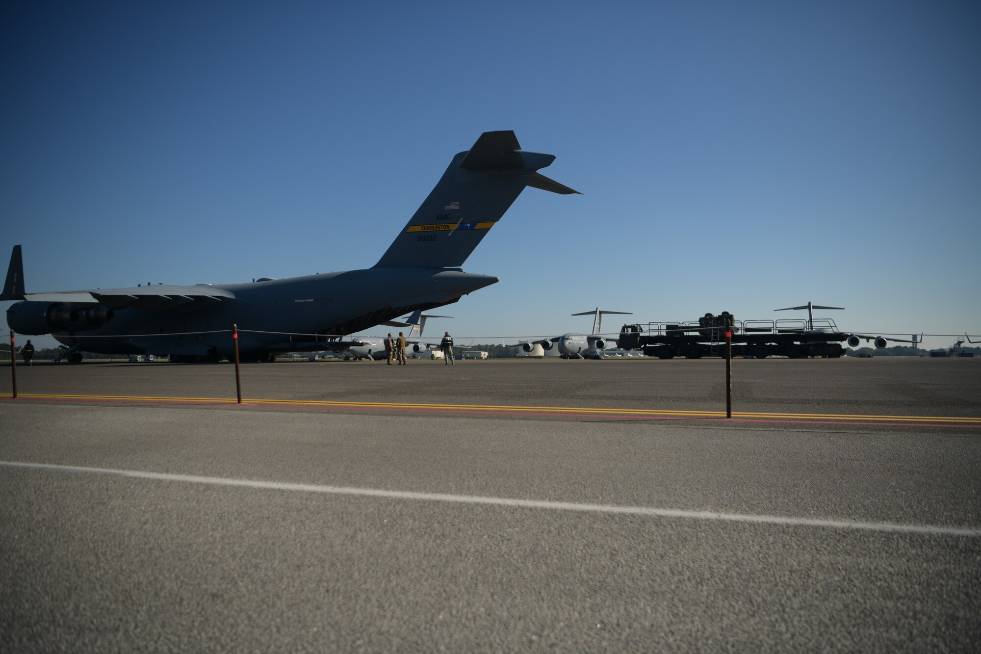 A C-17 Globemaster III is being loaded during a readiness exercise Nov. 16, 2018, at Joint Base Charleston, S.C. To keep the training as realistic as possible, participants from across JB Charleston received the equipment, weapons and specialty uniform items they would use in real-world situations. The simulated scenarios enabled senior base leaders and subject matter experts to ensure the readiness of JB Charleston’s quick response capabilities and analyze ways to maximize efficiency.