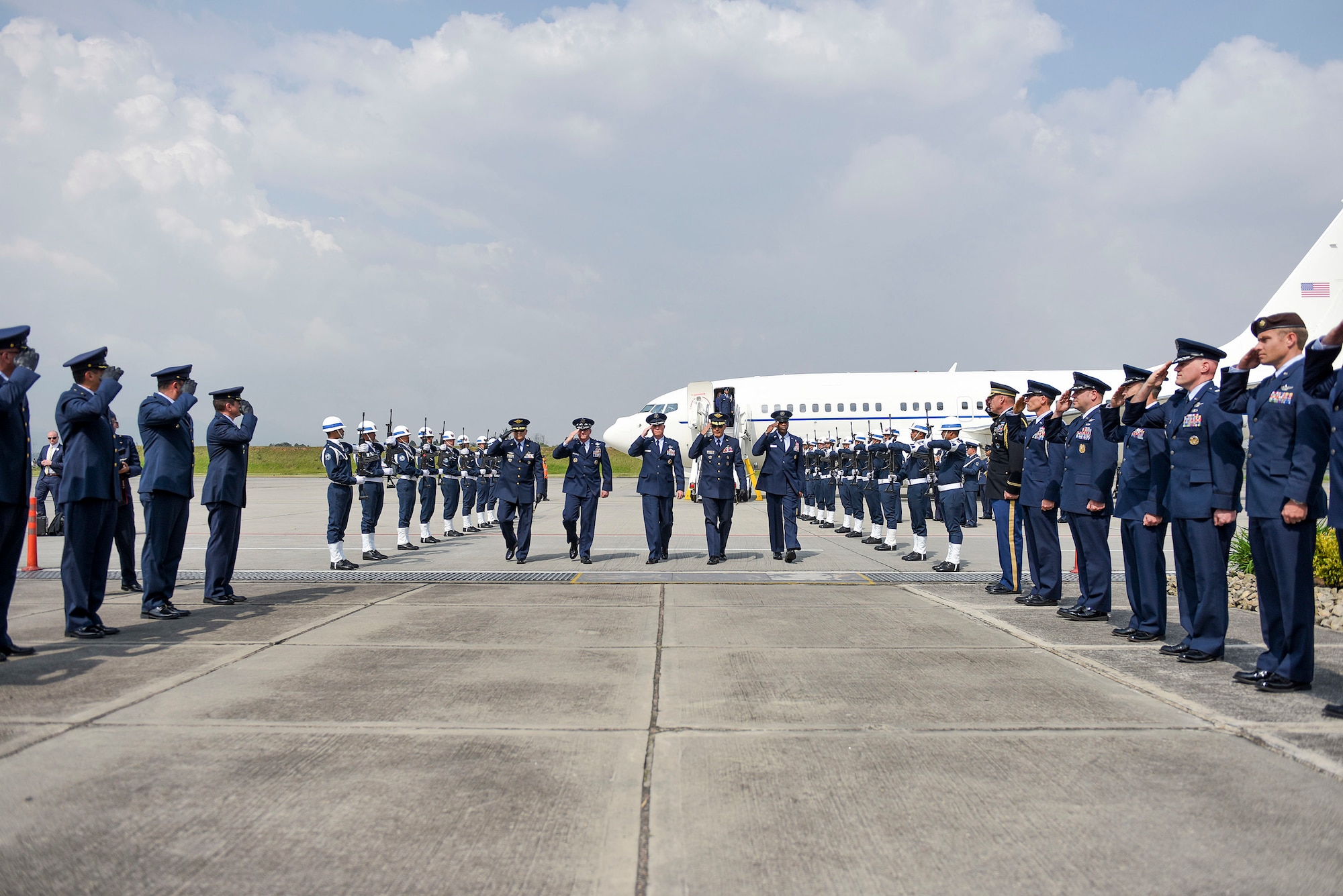 Air Force Chief of Staff Gen. David L. Goldfein is welcomed to Bogota, Colombia, Nov. 14, 2018, by members of the U.S. and Colombian air forces. Regional partnerships like that of the U.S. and Colombia reflect an enduring promise of a cooperative, prosperous and secure hemisphere. (U.S. Air Force photo by Tech Sgt. Anthony Nelson Jr.)