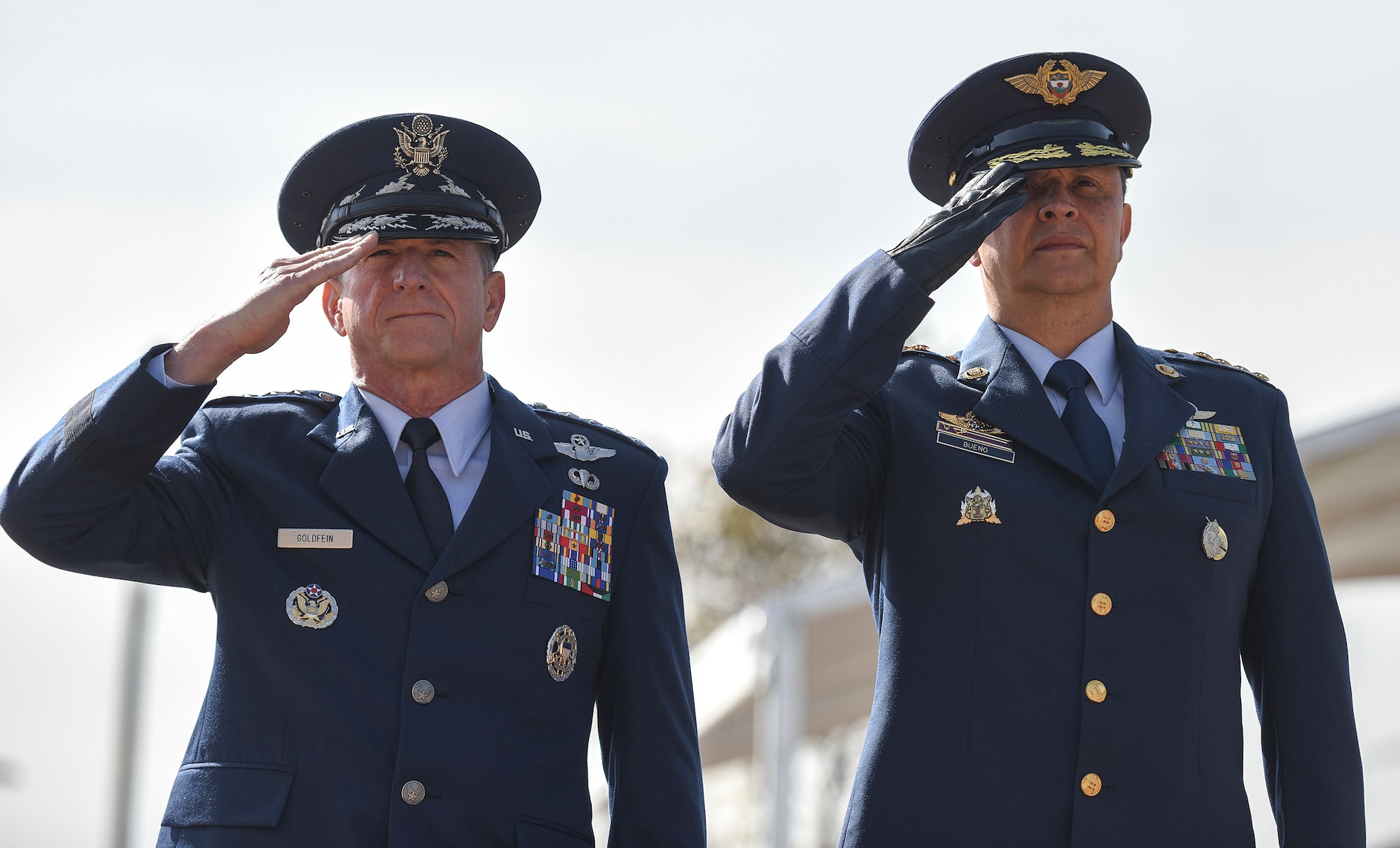Air Force Chief of Staff Gen. David L. Goldfein and Commander of the Colombian Air Force General Carlos Eduardo Bueno Vargas salute during the Memorial Heroes Caidos en Combate in Bogota, Colombia, Nov. 15, 2018. Goldfein's visit to the country and U.S. engagement in the region reflect the enduring promise of friendship, partnership and solidarity between the Americas. (U.S. Air Force photo by Tech Sgt. Anthony Nelson Jr.)
