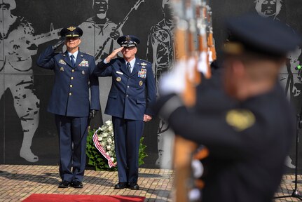 Air Force Chief of Staff Gen. David L. Goldfein and Commander of the Colombian Air Force General Carlos Eduardo Bueno Vargas render salutes during a ceremony at the Memorial Heroes Caidos en Combate in Bogota, Colombia, Nov. 15, 2018. During the ceremony, which took place during his visit to the country Nov. 14-15, Goldfein laid a wreath to honor Colombian troops lost in battle. (U.S. Air Force photo by Tech Sgt. Anthony Nelson Jr.)