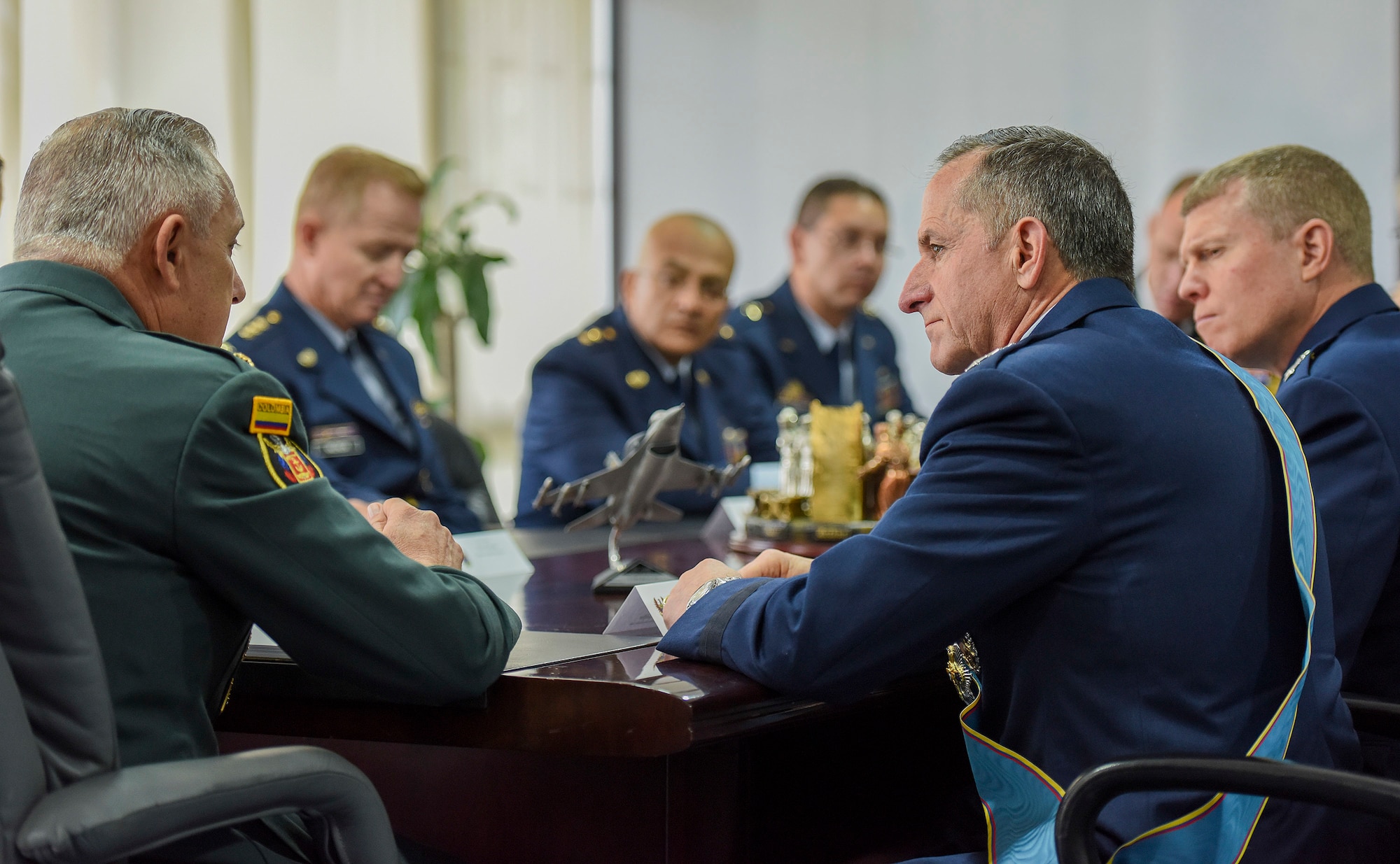 Commander of the Colombian Armed Forces General Alberto José Mejía expresses thanks and support to Air Force Chief of Staff Gen. David L. Goldfein during a meeting between Colombian and U.S. military leaders in Bogota, Colombia, Nov. 15, 2018. By working together with partner nations and regional leaders, the U.S. will achieve effective solutions to common challenges. (U.S. Air Force photo by Tech Sgt. Anthony Nelson Jr.)