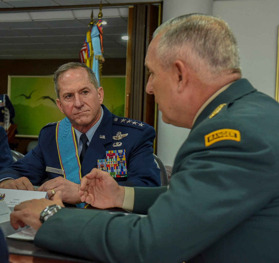 Commander of the Colombian Armed Forces General Alberto José Mejía expresses thanks and support to Air Force Chief of Staff Gen. David L. Goldfein during a meeting between Colombian and U.S. military leaders in Bogota, Colombia, Nov. 15, 2018. By working together with partner nations and regional leaders, the U.S. will achieve effective solutions to common challenges. (U.S. Air Force photo by Tech Sgt. Anthony Nelson Jr.)