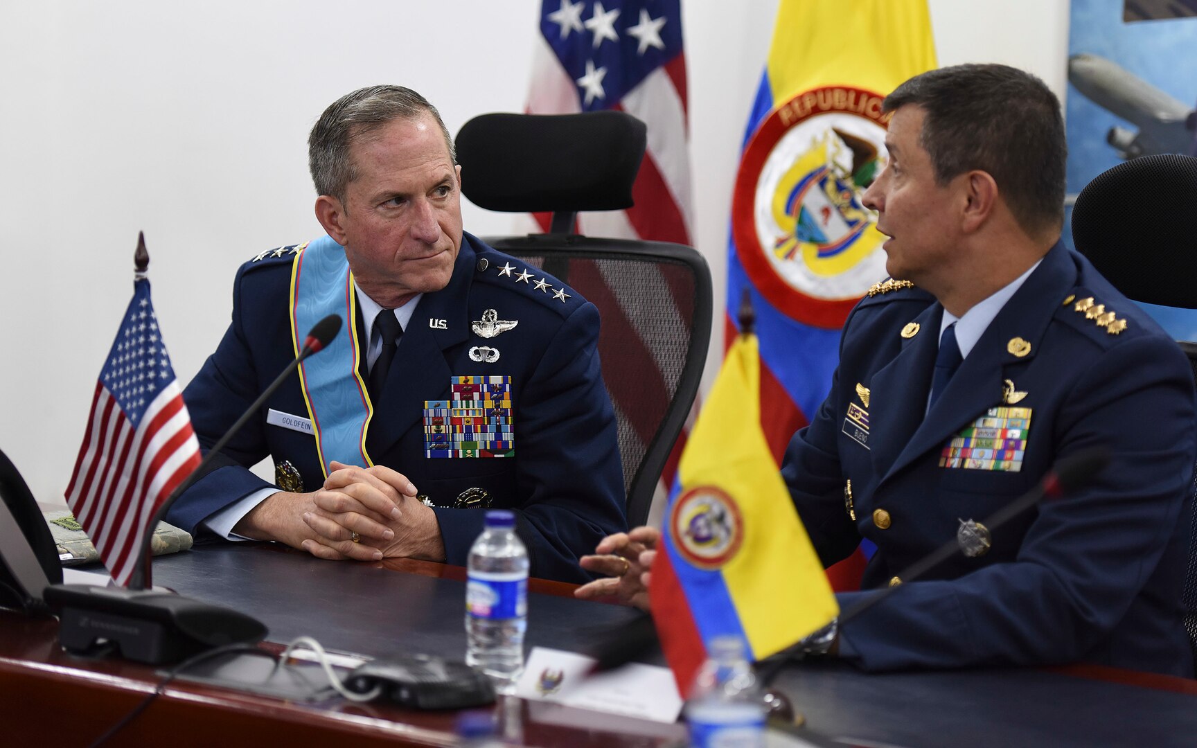 Commander of the Colombian Air Force General Carlos Eduardo Bueno Vargas briefs Air Force Chief of Staff Gen. David L. Goldfein on capabilities and common interests between the countries' air forces, in Bogota, Colombia, Nov. 15, 2018. Regional partnerships like that of the U.S. and Colombia reflect an enduring promise of a cooperative, prosperous and secure hemisphere. (U.S. Air Force photo by Tech Sgt. Anthony Nelson Jr.)