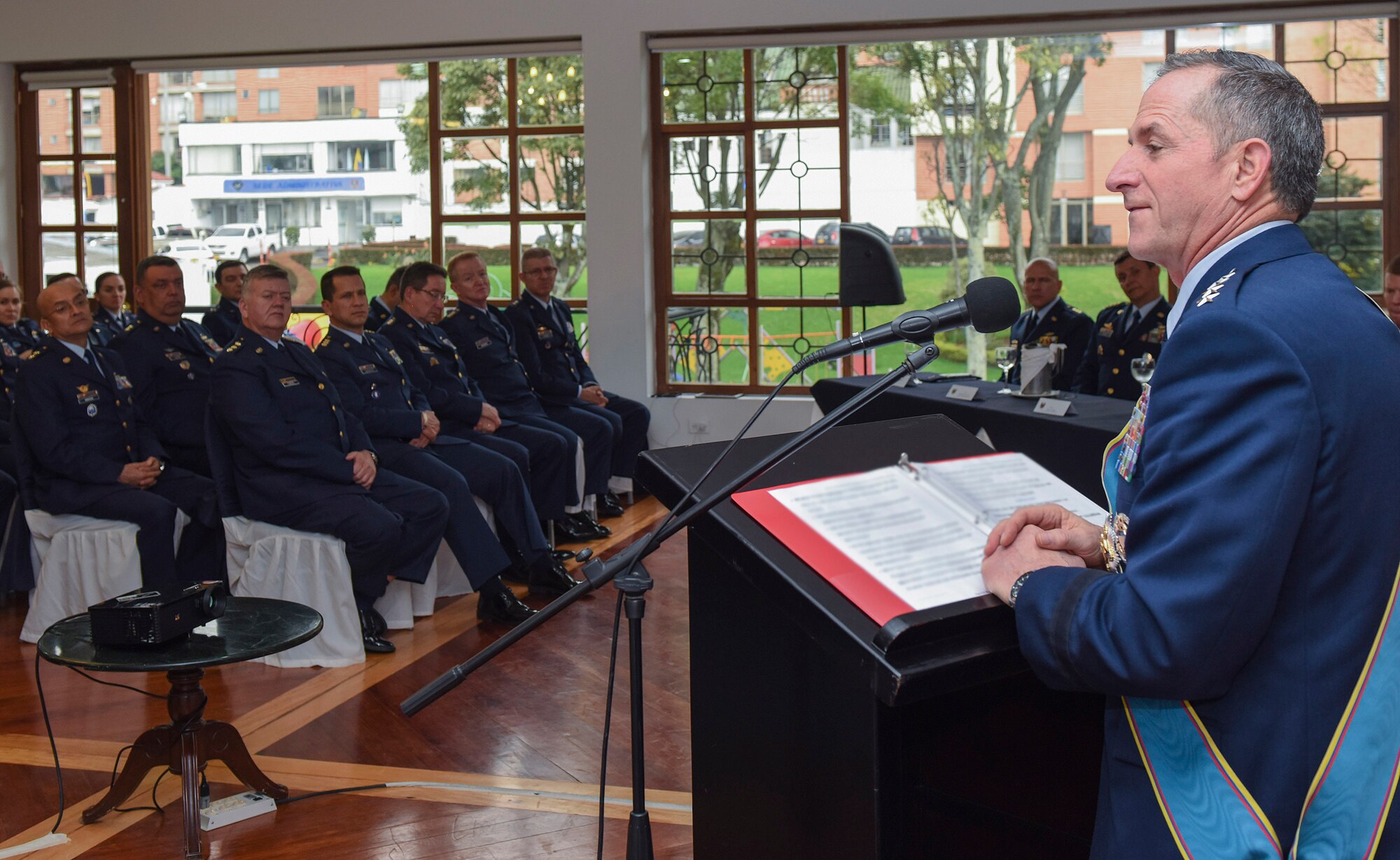 Air Force Chief of Staff Gen. David L. Goldfein addresses Colombian Air Force War College students at the Canton Norte in Bogota, Colombia, Nov. 15, 2018. Goldfein's visit to the country and U.S. engagement in the region reflect the enduring promise of friendship, partnership and solidarity within the Americas. (U.S. Air Force photo by Tech Sgt. Anthony Nelson Jr.)