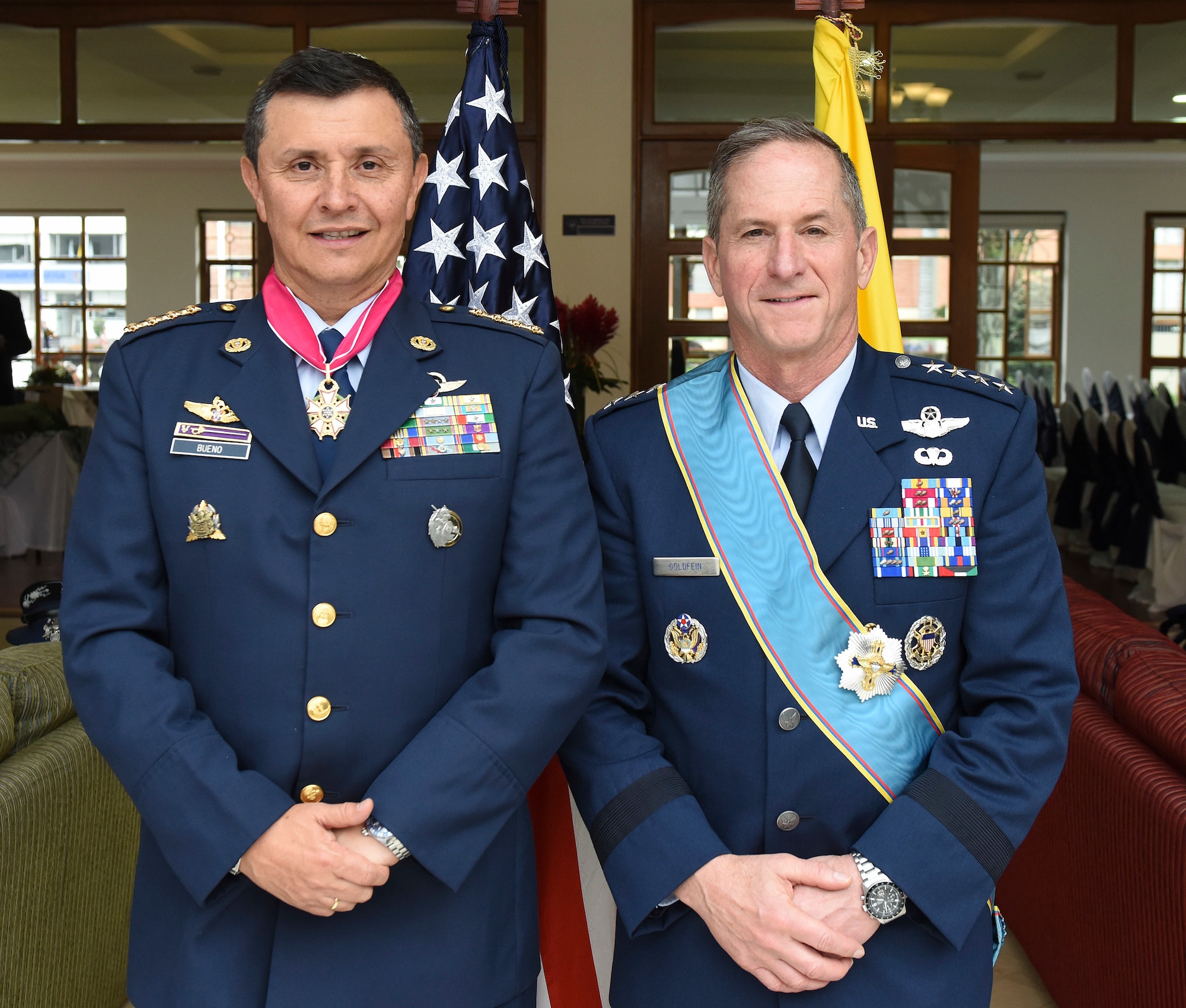 Air Force Chief of Staff Gen. David L. Goldfein and Commander of the Colombian Air Force General Carlos Eduardo Bueno Vargas pose for a photo in Bogota, Colombia, Nov. 15, 2018. In 1822, the United States became one of the first countries to recognize the republic of Colombia and to establish a resident diplomatic mission in the country. Goldfein's visit to the country and U.S. engagement in the region reflect the enduring promise of friendship, partnership and solidarity between the Americas. (U.S. Air Force photo by Tech Sgt. Anthony Nelson Jr.)