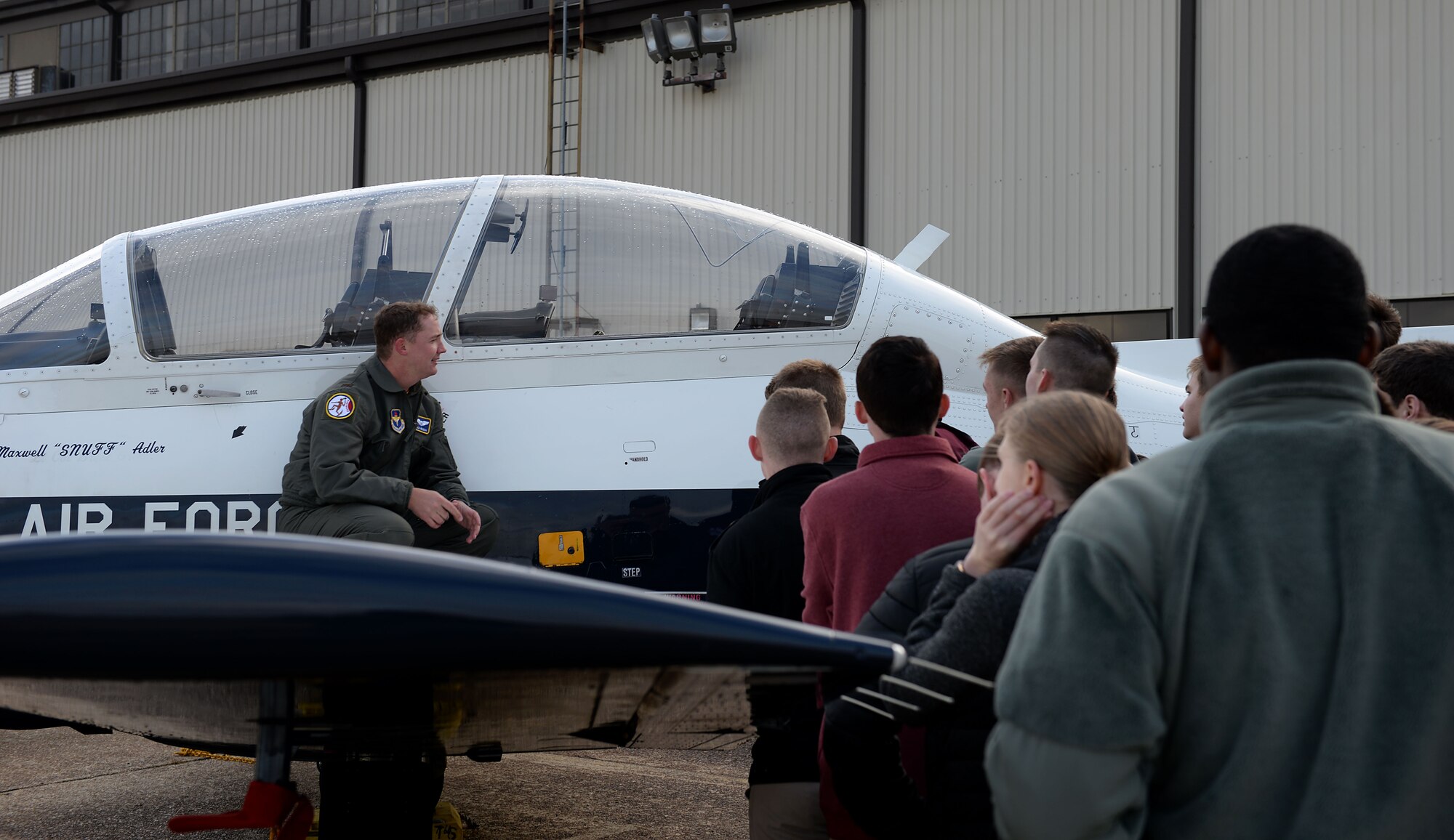 Capt. Aaron Bath, 49th Fighter Training Squadron instructor pilot, shows the T-38C Talon to Mississippi State University Air Force ROTC cadets Nov. 9, 2018, on the flight line at Columbus Air Force Base, Mississippi. Pilots gave brief descriptions of the different aircraft and what they’re used for at Columbus AFB. (U.S. Air Force photo by Airman Hannah Bean)