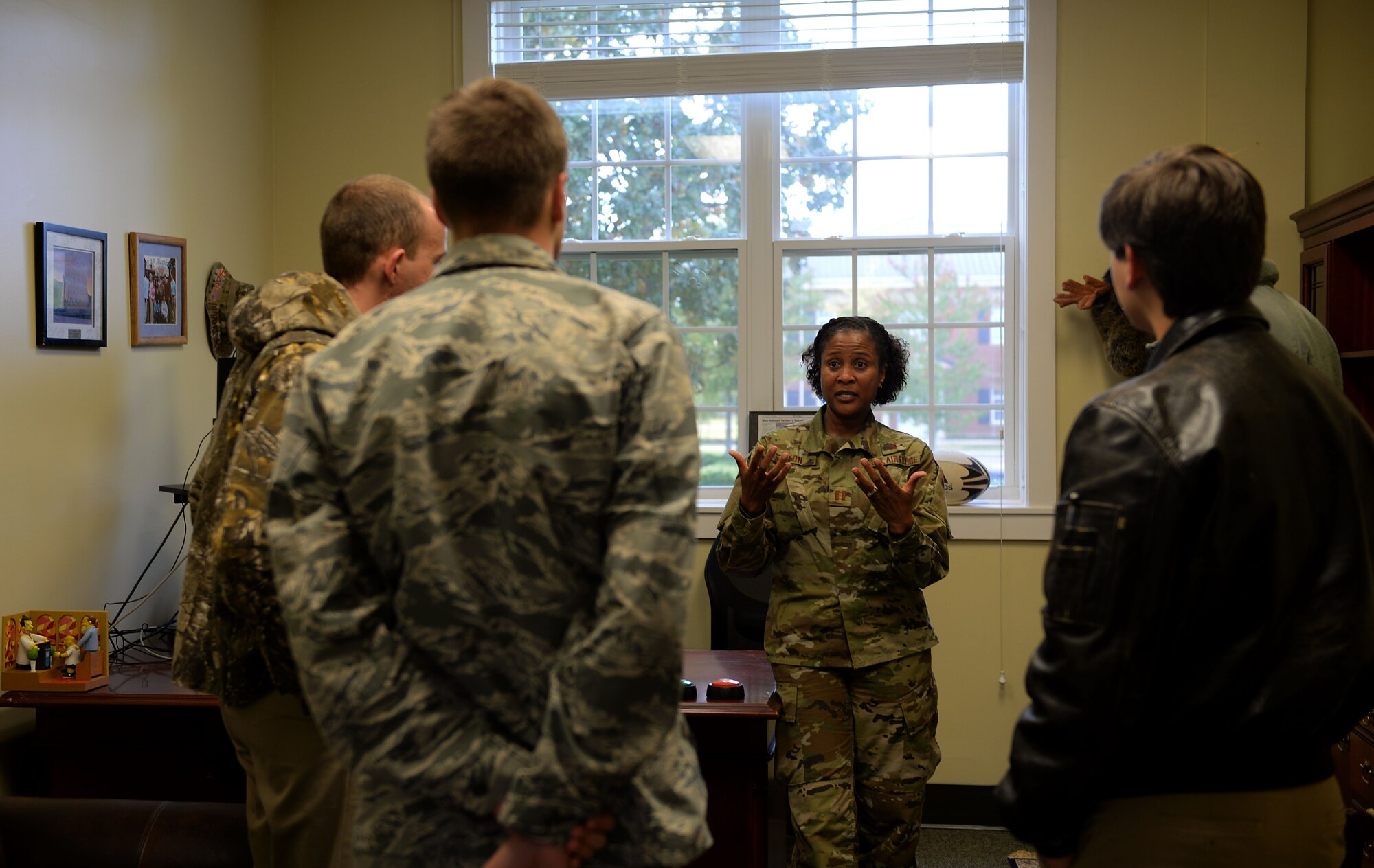 Capt. Tara Dixon, Columbus Air Force Base chaplain, talks with Mississippi State University Air Force ROTC cadets Nov. 9, 2018, at the BLAZE Chapel on Columbus Air Force Base, Mississippi. Cadets were allowed to explore their primary career goals in the Air Force, but were highly encouraged to check out the other fields available to them. (U.S. Air Force photo by Airman Hannah Bean)