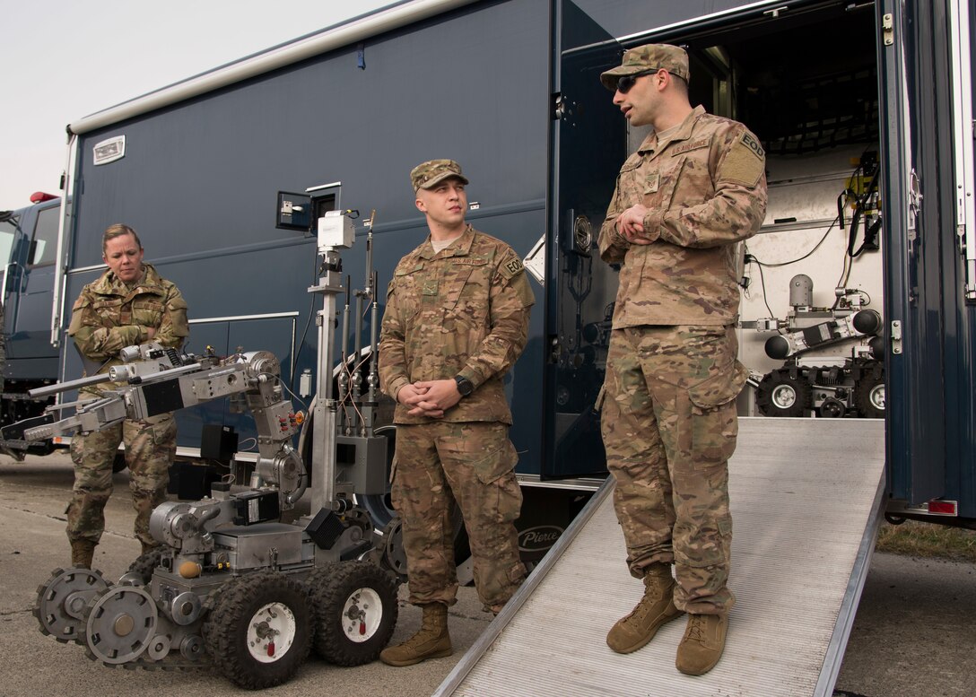 Staff Sgt. Marc Cooperman, 92nd Civil Engineering Squadron Explosive Ordinance Disposal technician, briefs members of the Spokane Local Emergency Planning Committee on the capabilities of their equipment at Fairchild Air Force Base, Washington, Nov. 7, 2018. While law enforcement is not part of the LEPC, the potential of an explosive material incident remains a contingency that the committee plans for and Team Fairchild Airmen are prepared to respond to. (U.S. Air Force Photo/ Senior Airman Ryan Lackey)