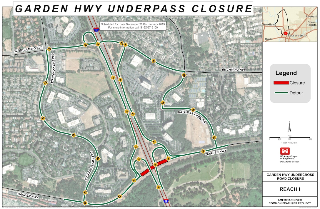 Beginning as soon as late December, Garden Highway, underneath the Interstate 5 overpass, will be closed to traffic for up to three weeks.