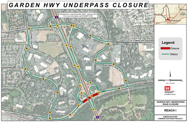 Beginning as soon as late December, Garden Highway, underneath the Interstate 5 overpass, will be closed to traffic for up to three weeks.