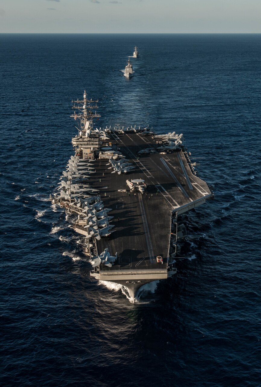 PHILIPPINE SEA (Nov. 16, 2018) Ships with the Ronald Reagan Carrier Strike Group and John C. Stennis Carrier Strike Group transit the Philippine Sea during dual carrier operations. Ronald Reagan and John C. Stennis are underway and conducting operations in international waters as part of a dual carrier strike force exercise. The U.S. Navy has patrolled the Indo-Pacific region routinely for more than 70 years promoting regional security, stability and prosperity.