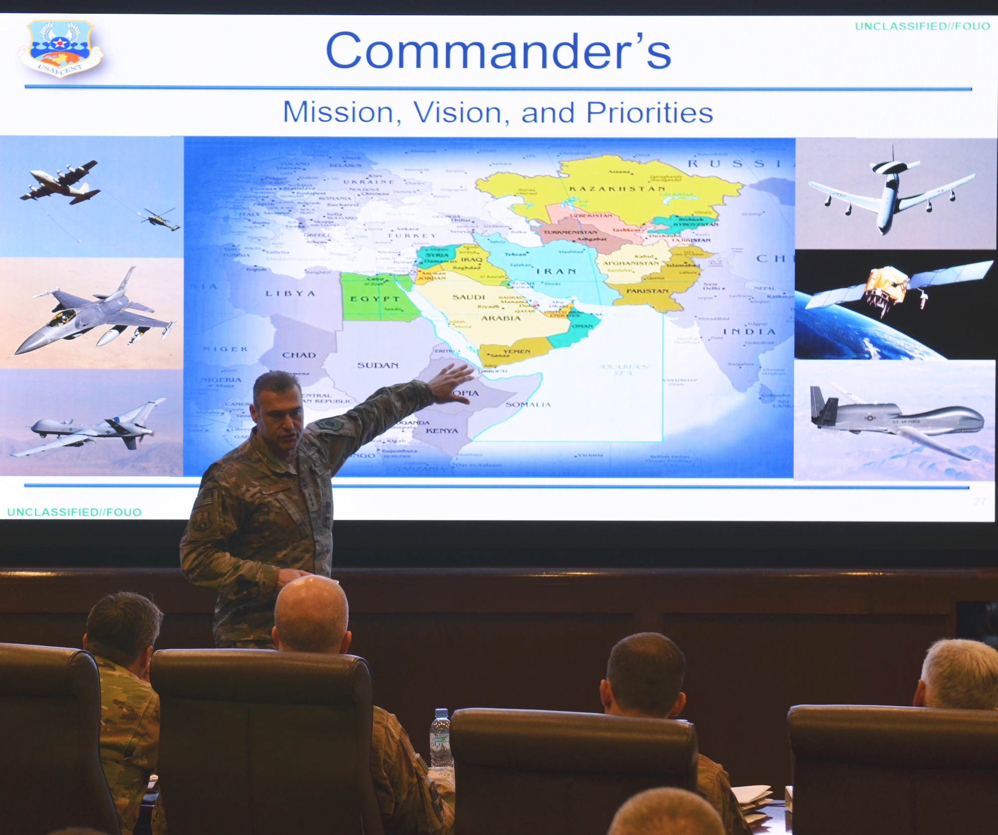 Wing leadership from across the area of responsibility attended the AFCENT Commanders Conference at Al Udeid Air Base, Qatar November 7, 2018. Lt. Gen. Joseph Guastella, U.S. Air Forces Central Command commander, spoke to the assembled group outlining his mission, vision and lines of effort. (U.S. Air Force photo by Senior Airman Travis Beihl)