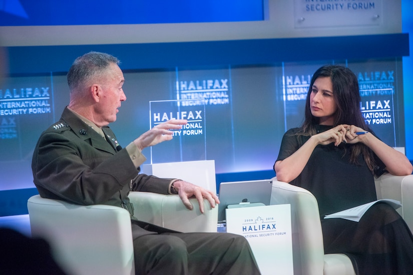 Marine Corps Gen. Joe Dunford, chairman of the Joint Chiefs of Staff, is interviewed by BBC World News correspondent Yalda Hakim in Canada during the Halifax International Security Forum.