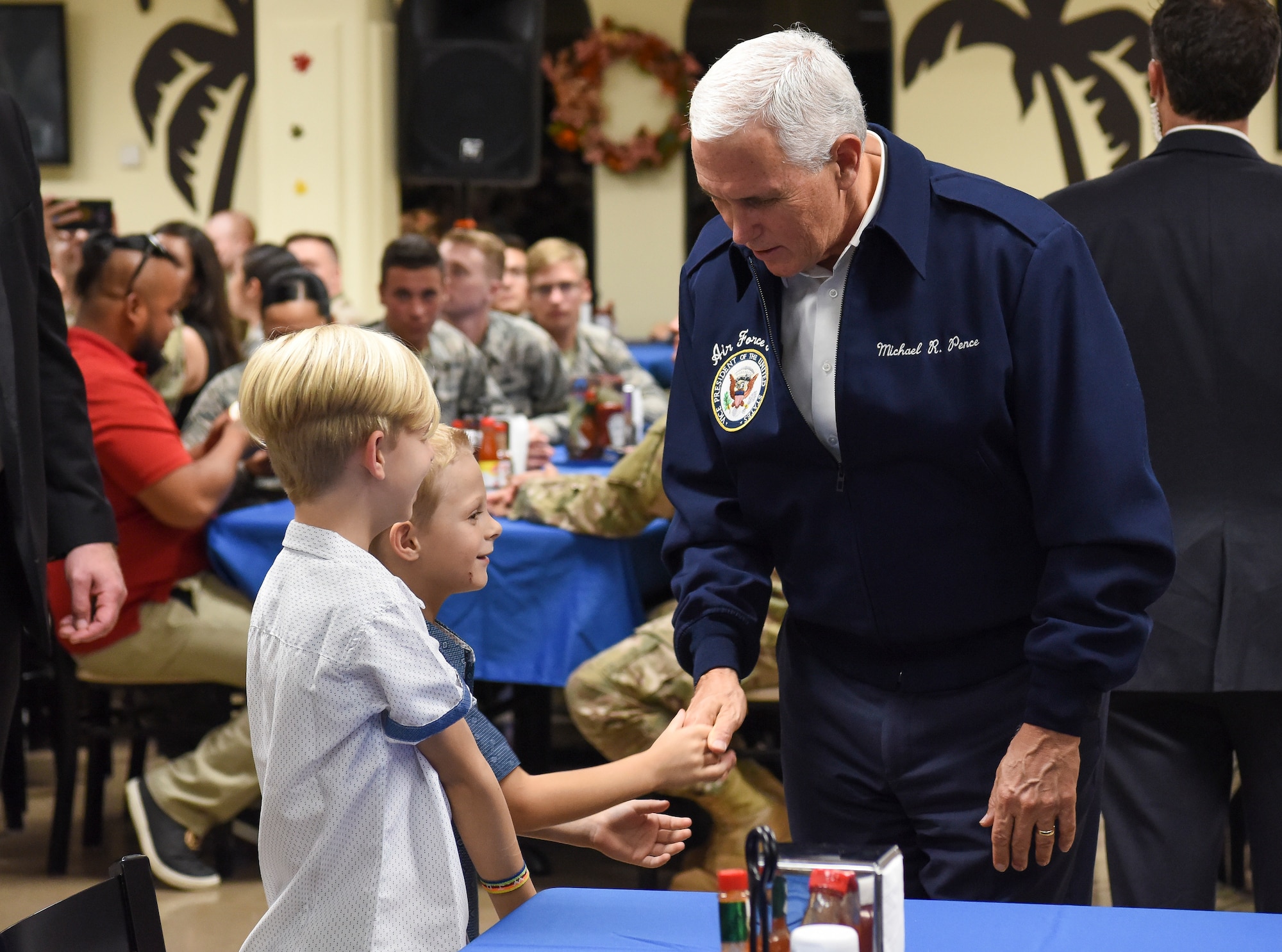 Vice President of the United States Michael Pence speaks to service members and their families Nov. 18, 2018, at Andersen Air Force Base, Guam. The Vice President and his wife Karen visited the base to meet with Airmen and their families before the holidays. (U.S. Air Force photo by Senior Airman Christopher Quail)