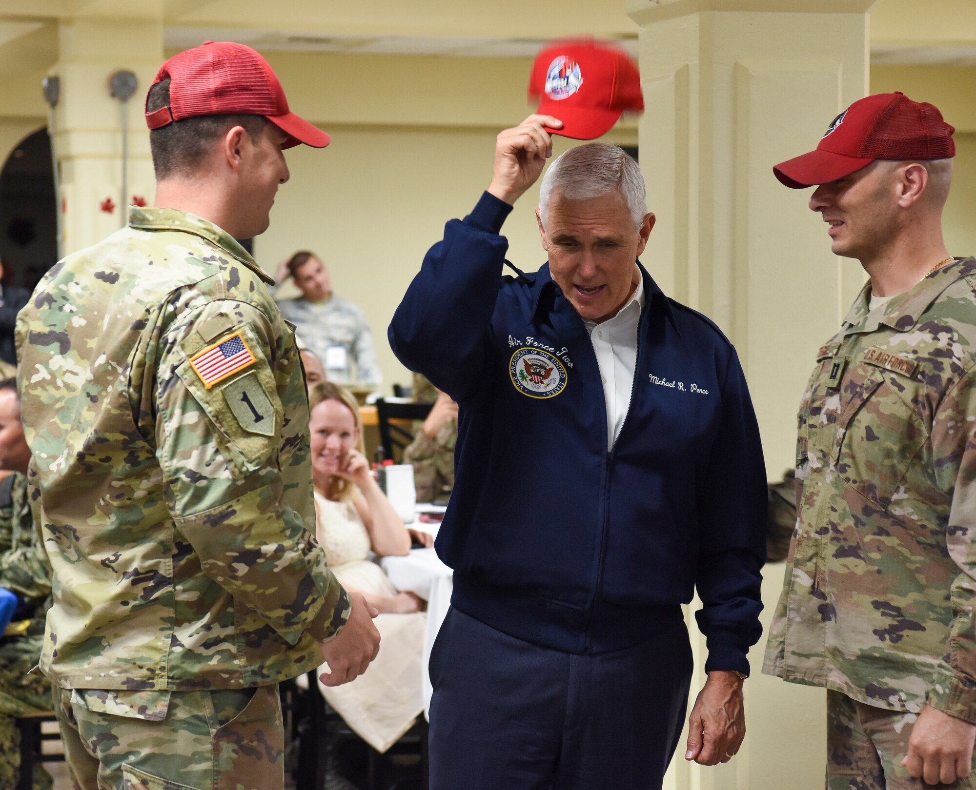 Vice President of the United States Michael Pence speaks to service members and their families Nov. 18, 2018, at Andersen Air Force Base, Guam. The Vice President and his wife Karen visited the base to meet with Airmen and their families before the holidays. (U.S. Air Force photo by Senior Airman Christopher Quail)