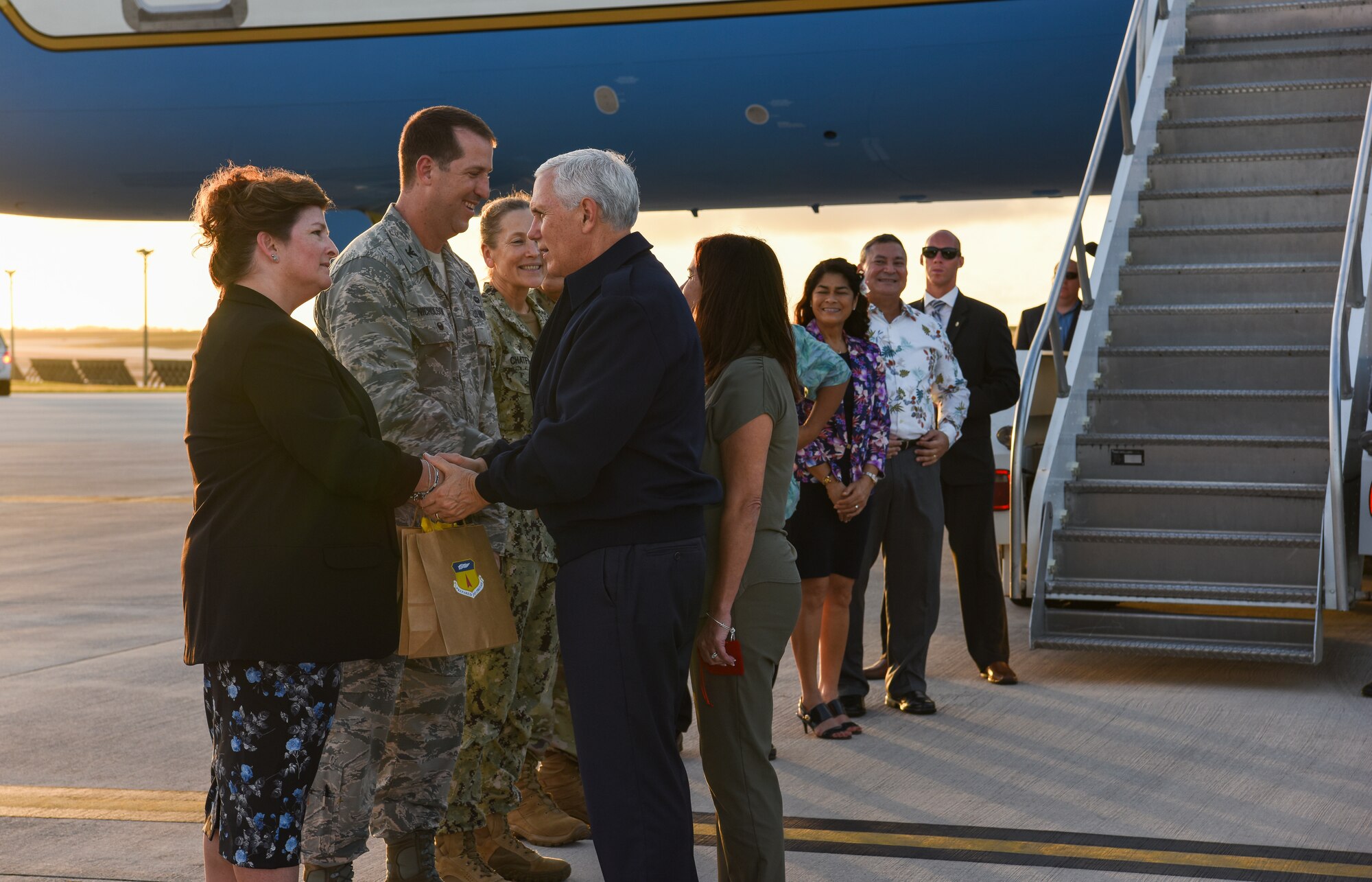 Vice President of the United States Michael Pence greets base leadership Nov. 18, 2018, at Andersen Air Force Base, Guam. The Vice President and his wife Karen visited the base to meet with Airmen and their families before the holidays. (U.S. Air Force photo by Senior Airman Christopher Quail)