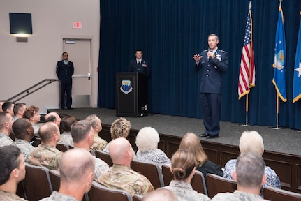 Maj. Gen. Ronald “Bruce” Miller, 10th Air Force commander, addresses the crowd during a ceremony over which he presided, activating the 960th Cyberspace Wing.