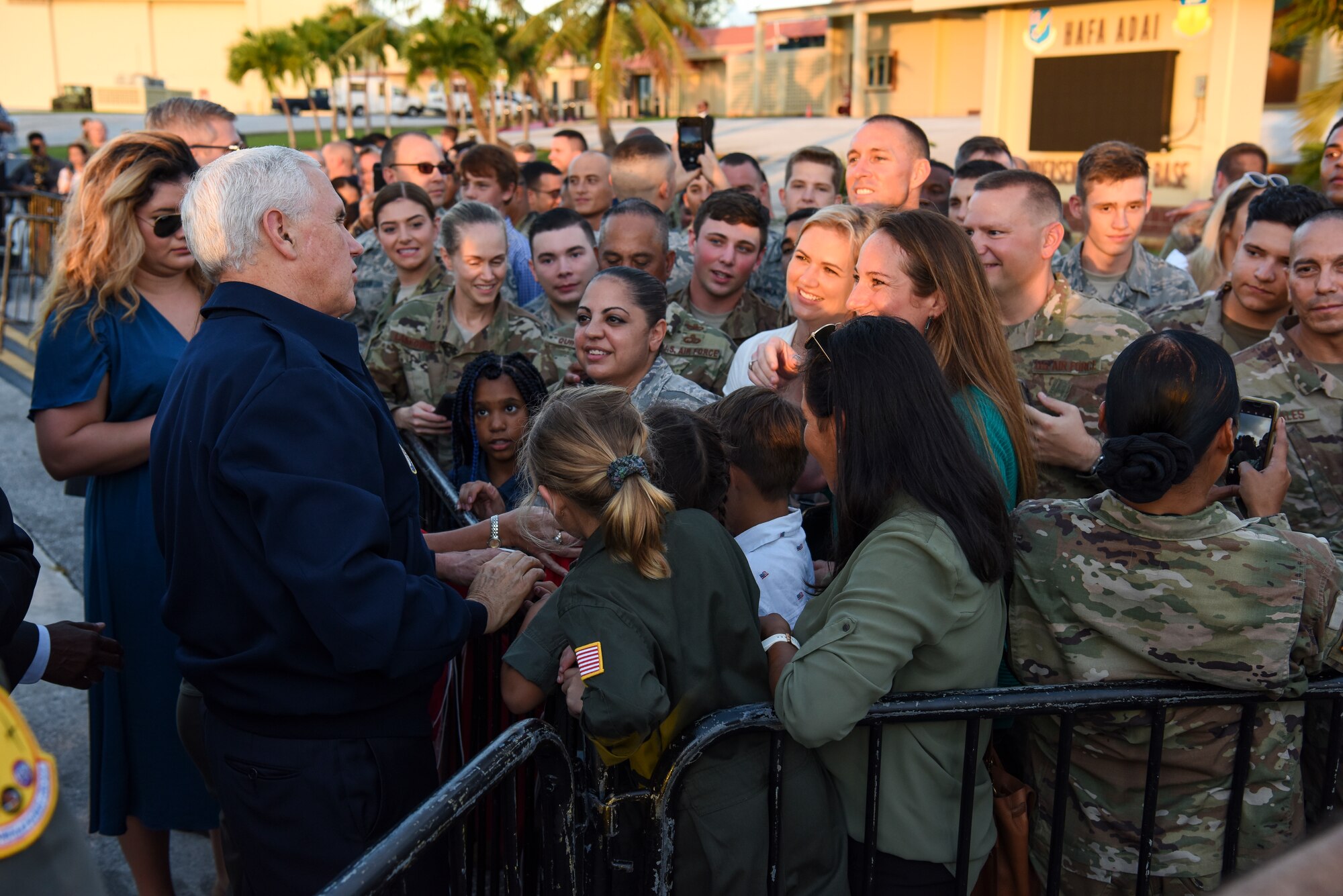 Vice President of the United States Michael Pence greets service members and their families Nov. 18, 2018, at Andersen Air Force Base, Guam. The Vice President and his wife Karen visited the base to meet with Airmen and their families before the holidays. (U.S. Air Force photo by Senior Airman Christopher Quail)