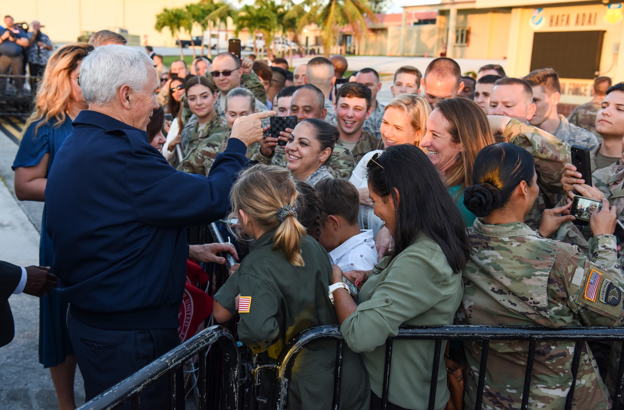 Vice President of the United States Michael Pence greets service members and their families Nov. 18, 2018, at Andersen Air Force Base, Guam. The Vice President and his wife Karen visited the base to meet with Airmen and their families before the holidays. (U.S. Air Force photo by Senior Airman Christopher Quail)