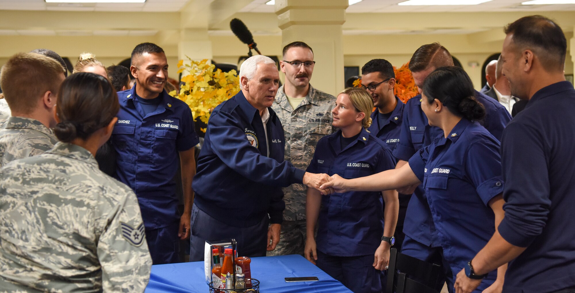 Vice President of the United States Michael Pence speaks to service members and their families Nov. 18, 2018, at Andersen Air Force Base, Guam. The Vice President and his wife Karen visited the base to meet with Airmen and their families before the holidays. (U.S. Air Force photo by Senior Airman Christopher Quail)