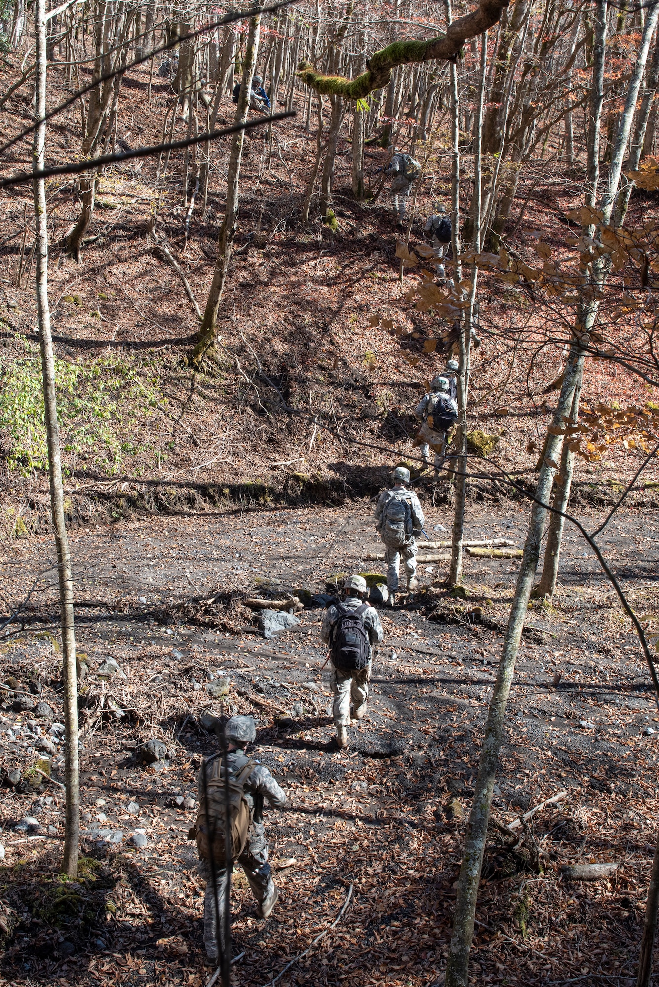 Airmen from the 374th Security Forces Squadron navigate terrain as part of a field training exercise at Camp Fuji, Japan, Nov. 8, 2018.